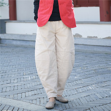 Women Cotton Linen Elastic Waist Solid Color Knickerbockers Ladies Loose Thick Pants Female Warm Winter Trousers Vintage Pants 2024 - buy cheap