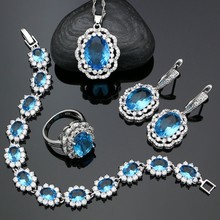 Conjuntos de joyería de plata 925 para mujer, aretes de circonia cúbica azul cielo, anillo, pulsera, colgante, conjunto de collar para novia, joyería de plata 2024 - compra barato