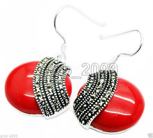 free shipping Fashion 925 Sterling A 18*18mm Red Coral Coin Marcasite Earrings 2024 - buy cheap