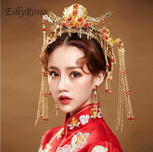 Vintage Bridal Jewelry Costume Phoenix Earrings Set Bridal Headwear Wedding Accessories Chinese Style Gold Tassel Elegant Bride 2024 - buy cheap