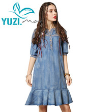 Женское джинсовое платье Yuzi. may, с v-образным вырезом и рукавами до локтя, с оборками, A82150, лето 2019 2024 - купить недорого
