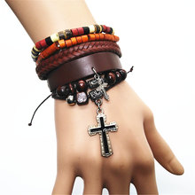 Brown Cross Black Leaf Causul Handmade Beads Multilayer Charm Leather Men Bracelets Set Women Homme Fashion Jewelry Accessories 2024 - buy cheap