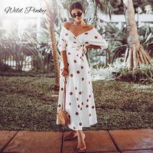 WildPinky-Vestido largo bohemio de lunares para mujer, Vestido largo hasta el tobillo, Sexy, con cuello de pico y hombros descubiertos, para verano 2024 - compra barato