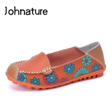 Johnature 2021 New Spring/autumn Round Toe Solid Shallow Print Soft Sole Slip-on Comfortable Loafers Leather Flats Women Shoes 2024 - buy cheap