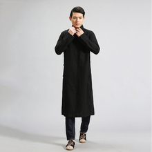 LZJN Men's Trench Coat Spring Autumn Long Jacket Kung Fu Linen Overcoat Vintage Chinese Style Long Robe 2024 - buy cheap