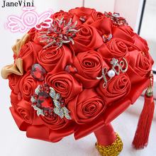 JaneVini Chic estilo chino rojo boda novia flor ramo De novia rosas artificiales De satén novia ramo De cristal 2024 - compra barato