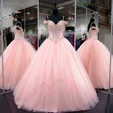 Vestido de baile luxo rosa quinceanera, 2020 plus size, sexy, vestido de festa de formatura, frisado, vestidos de depurante, vestidos laços, adesivos 2024 - compre barato