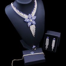 Женский свадебный браслет с голубым цветком Naija, ювелирный набор из 4 предметов в нигерийском стиле с кубическим цирконием и кристаллами 2024 - купить недорого