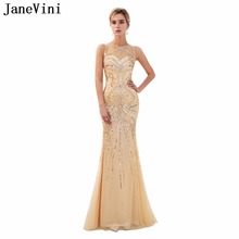 JaneVini-Vestido largo de tul para dama de honor, elegante, champán, cuentas de cristal de lujo, cremallera trasera, vestido Formal de sirena para baile de graduación, 2018 2024 - compra barato