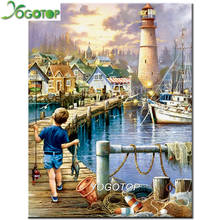 YOGOTOP DIY 5D Diamond Painting Cross Stitch Kits Lighthouse boy fishing Full Mosaic Diamond Embroidery rhinestone VD487 2024 - buy cheap