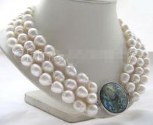 P3598- 3row 17-19"9-10mm white baroque freshwater pearl necklace -abalone shell 2024 - buy cheap