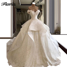 New Lace Royal Train Wedding Dresses Vestido De Noiva Muslim Appliques Off the Shoulder Wedding Dress Arabic Bridal Gowns 2019 2024 - buy cheap