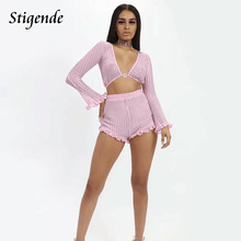 Stigende-Conjunto de dos piezas de gasa de manga larga para mujer, Top corto de verano y pantalones cortos, Sexy, transparente, para fiesta 2024 - compra barato