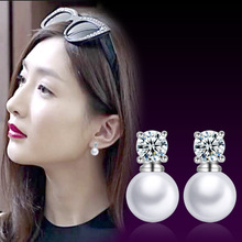100% 925 sterling silver wholesale pearl shiny crystal ladies`stud earrings jewelry women female Anti allergy gift 2024 - buy cheap