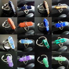Wholesale 10Pcs Natural Mixed Gems Stones Crystal Healing Hexagon Point Beads Adjustable Ring Charm Silver Plated 2024 - buy cheap