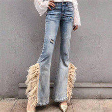 Pantalones vaqueros Acampanados para mujer, jeans ajustados con cuentas de encaje, de talla grande, para primavera y otoño, 2021 2024 - compra barato