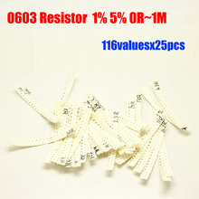 Резистор 0603 SMD 1%, допуск 5%, 2900 значений x 25 шт. = комплект резисторов шт., 0R ~ 1 м, набор в ассортименте 2024 - купить недорого