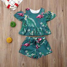 Bebê da criança roupas da menina flamingo impressão fora do ombro plissado topos + calças curtas 2pcs roupas de verão 2024 - compre barato