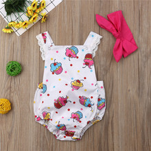 Newborn Baby Girls clothes backless ice cream print square collar sleeveless Bodysuit solid Bow Headband 2pc kids Summer Outfits 2024 - buy cheap
