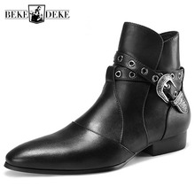 2022 Runway Men Buckle Genuine Grain Leather Chelsea Boots Cowboy Style Pointed Toe Med Heel Ankle  Boots Party Dress Shoe 2024 - buy cheap