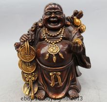 DS 11" Chinese Bronze Gild Wealth Frog Moneybag Happy Laugh Maitreya Buddha Statue 2024 - buy cheap