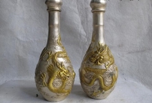 Chinese White Copper Bronze Silver Gilt Two Dragon Play Bead Royal Pot Vase Pair 2024 - buy cheap