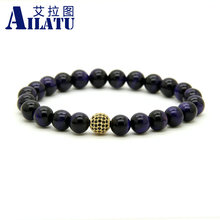 Ailatu Hot Sale Men's Exquisite Micro Paved Black Cz Ball Jewelry 8mm A Grade Purple Tiger Eye Stone Beads Bracelet 2024 - buy cheap
