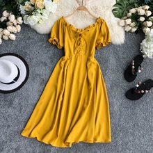 Dress For Summer Women Solid Slim A-line Robe 2019 New Short Sleeve Ruffles Slash Neck Vintage Dresses Vestidos De Lana Mujer 2024 - buy cheap