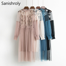 Sanishroly Two Pieces New Women Long Pleated Dresses Hollow Out Lace Dress Female Flower Lantern Sleeve Mesh Dress Vestidos S375 2024 - buy cheap