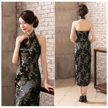 Qipao vestido longo, preto, estilo chinês, costas nuas, cetim, fino, tamanhos s s p, m, g, gg, xxg 2024 - compre barato
