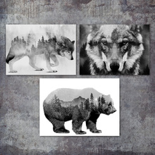 Pintura en lienzo de paisaje de Lobo y oso abstracto, carteles nórdicos e impresiones, imágenes de pared en blanco y negro para decoración de sala de estar 2024 - compra barato