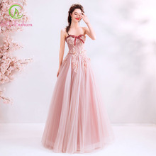 SSYFashion 2019 New Banquet Sweet Pink Lace Folwer Evening Dress Strapless Sleeveless Long Prom Formal Gowns Robe De Soiree 2024 - buy cheap