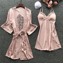 2PCS Women Robe & Gown Sets Sexy Lace Sleep Lounge Pijama Long Sleeve Ladies Nightwear Bathrobe Night Dress With Chest Pads 2024 - buy cheap