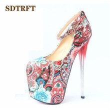 SDTRFT Crossdresser Flowers Printed 20cm thin high heels sexy club Buckle pumps wedding shoes Woman Stilettos Plus:35-45 46 47 2024 - buy cheap