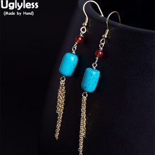 Uglyless-pendientes colgantes de borla de cadenas para mujer, Plata de Ley 925 100% auténtica, aretes de cilindro turquesa bohemios salvajes 2024 - compra barato