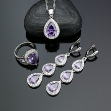 Juego de joyas de plata 925 para mujer, anillo de circonia cúbica púrpura, cristal blanco, colgante, collar, pendientes largos 2024 - compra barato
