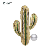 RHao Vivid Rhinestone Green cactus Brooches for women pearl Crystal plant pins wedding brooches broches suit corsage hijab pins 2024 - buy cheap