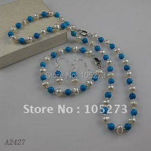 Charming! pérola conjunto de jóias AA6-7mm branco genuíno água doce pérola & azul turquesa colar pulseira brinco frete grátis a2427 2024 - compre barato