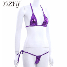 YiZYiF Women Sexy Metallic Bikini Set Bra Top With Thongs Sexy Swimsuit Swimwear Set Halter Neck Top with G-string beach wear 2024 - buy cheap
