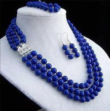 Набор модных ожерелий для женщин, 8 мм, 3 ряда, lapis lazuli, ожерелье, браслет, серьги, наборы, опт и розница 2024 - купить недорого