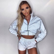 BKLD women couleur fluorescente unique casual outfit sportwear lapel zip-up jacket and high waisted shorts pocket luminous suit 2024 - buy cheap