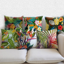 Funda de cojín decorativa para sofá, funda de lino y algodón con estampado Floral de hojas de palma y plantas tropicales de Tailandia 2024 - compra barato