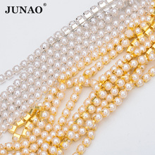 JUNAO 10 Yards SS6 SS12 SS16 Sewing White Pearl Rhinestone Chain Ribbon Silver Gold Metal Trim Strass Tape Applique Crafts 2024 - buy cheap