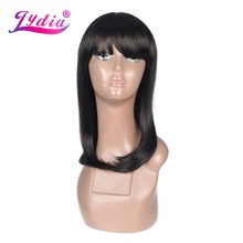 Lydia Medium Synthetic Wigs With Neat Bang Straight Nature Wig Pure Color 1B# For African American Women 2024 - buy cheap