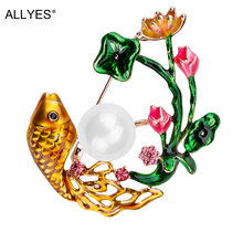 Broches de flor de lótus e peixe allyes, acessórios para roupas femininas, estilo chinês, joias com esmalte de carpa de ouro 2024 - compre barato