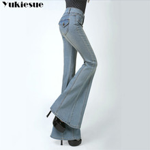 Calça jeans feminina boca de sino com cintura alta, elegante, retrô, skinny, perna larga 2024 - compre barato