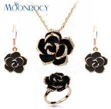 MOONROCY Free Shipping Zirconia Rose Gold Color And Austrian Crystal Jewelry Set Necklace Earring and Ring Black Rose Gift 2024 - buy cheap