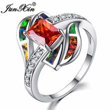 Junxin moda feminina laranja fogo opala anéis de prata cor jóias do vintage anéis de casamento para feminino birthstone anel 2024 - compre barato