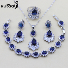 XUTAAYI-Conjuntos de joyería de color plata con piedras blancas y Circonia cúbica azul, collar Superior, anillos, pendientes, pulsera 2024 - compra barato