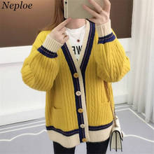 Женский свитер Neploe, кардиган контрастного цвета, трикотажное пальто, куртка с длинным рукавом и v-образным вырезом, корейский Повседневный размера плюс кардиган 36412 2024 - купить недорого